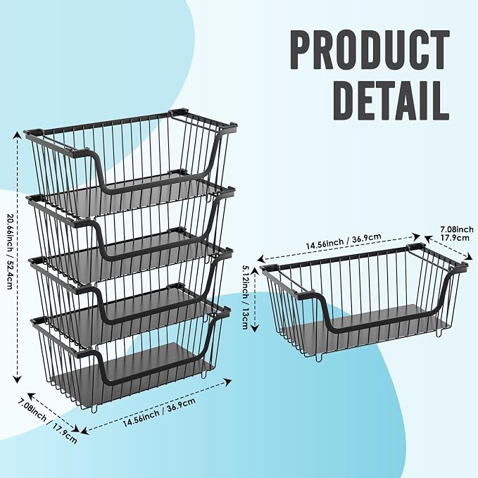 4 Pcs Stackable Wire Baskets Pantry Organizers and Storage Bins,Black | Breathable Metal Design with Rotating Handle,Idea for Potato Onion Fruit Snack Veggie Kitchen Countertop Freezer Organization - Image 2