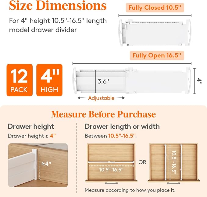 Lifewit 12 Pack 4" High Drawer Dividers, Adjustable Drawer Organizer Clothes | 10.5"-16.5" Expandable White Plastic Separators for Dresser, Kitchen, Cabinet, Nursery, Office, Socks & Underwear Storage - Image 2