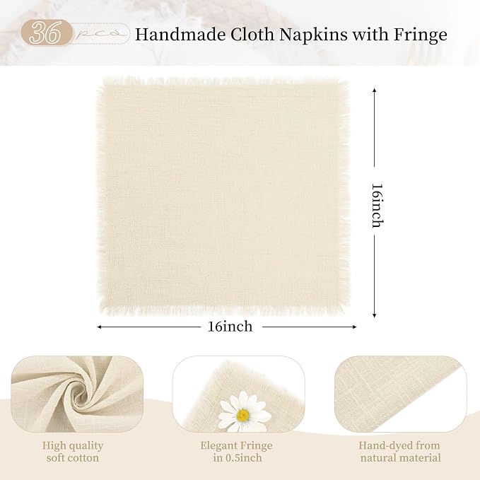 36 Pack Cotton Linen Napkins 16 x 16 Inch Linen Napkins Cloth Handmade with Fringe Soft Cloth Napkins Washable Rustic Dinner Napkins Cloth for Wedding Party Dinner Table(Natural) - Image 2
