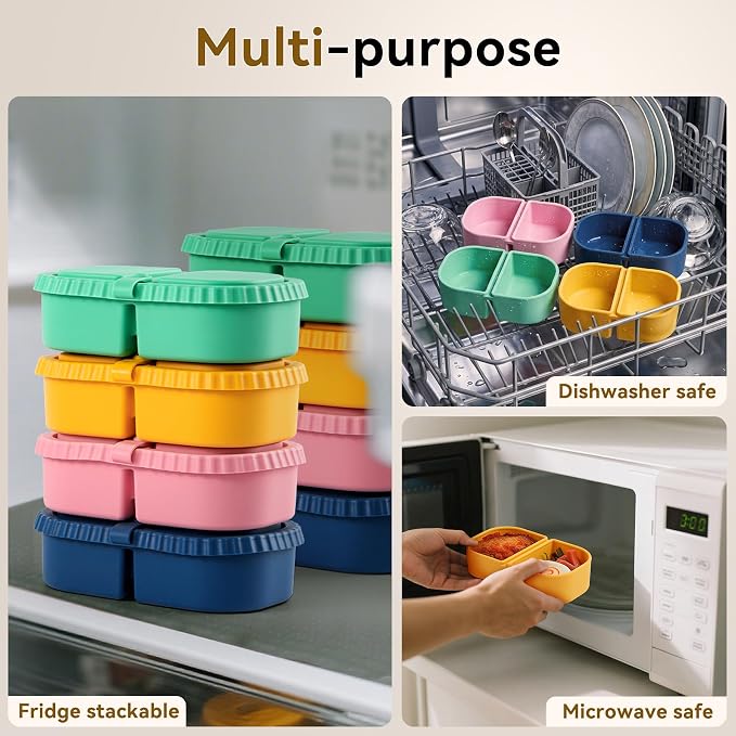 4 Pack Silicone Reusable Snack Containers with Lids - 8 oz Double Compartment Snackle Box for Kids & Adults, BPA-Free & Leakproof, Small for Dressing, School, Office - Image 6