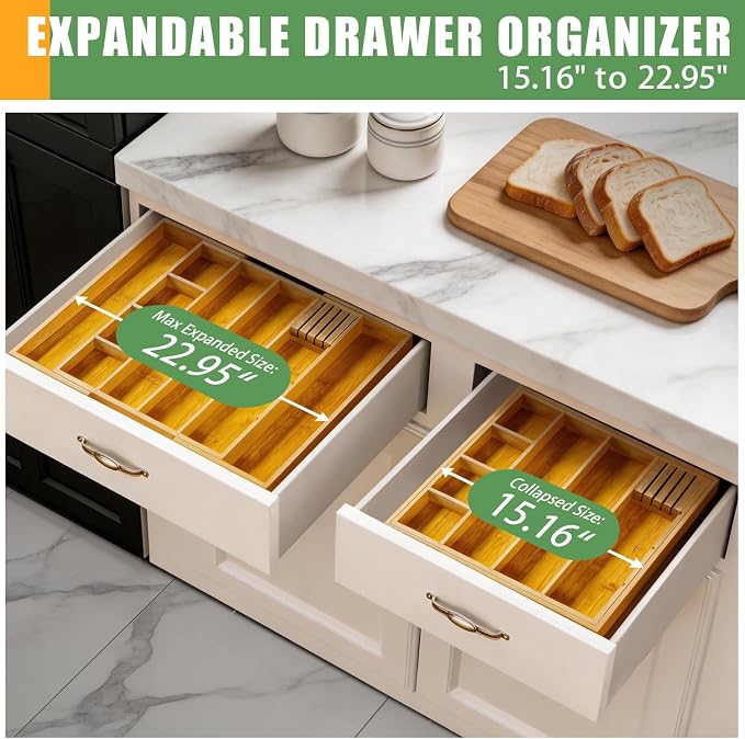 Bamboo Expandable Drawer Organizer, 15"-22" Storage Tray | Expandable 15"-22" bamboo drawer organizer with removable dividers, customizable storage for kitchen, makeup and office. - Image 4