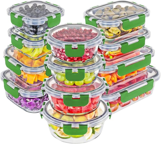 Magic Mill Premium Borosilicate Glass Food Storage Containers with lids Set | 24pc Sets with 12 Bowls & 12 Airtight Locking Lids for Lunch & Meal Prep, Safe for Oven, Freezer, Dishwasher, BPA-Free by magicmill