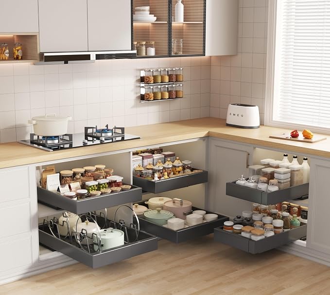 Seinloes 4 Pack Pull Out Cabinet Organizer 21" Deep with Raising Pad for Framed Cabinets, Expandable (9"-14" W) Slide Out Drawers for Kitchen Cabinets with 4pcs Divider Racks, Roll Out Shelves, Black - Image 5