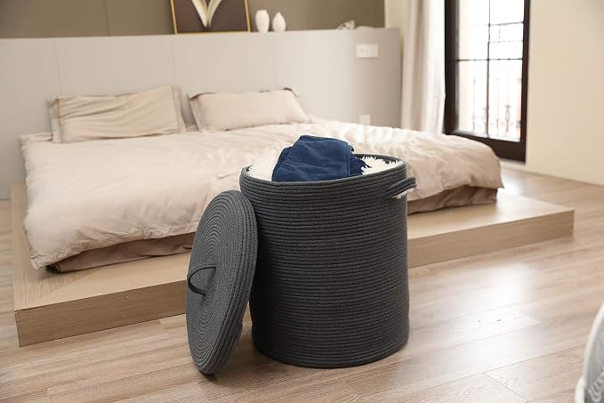 16x18 Inch Extra Large Round Cotton Rope Storage Basket with Lid, Decorative Woven Bin with Cover for Living Room Bedroom Closet, Dark Grey - Image 7