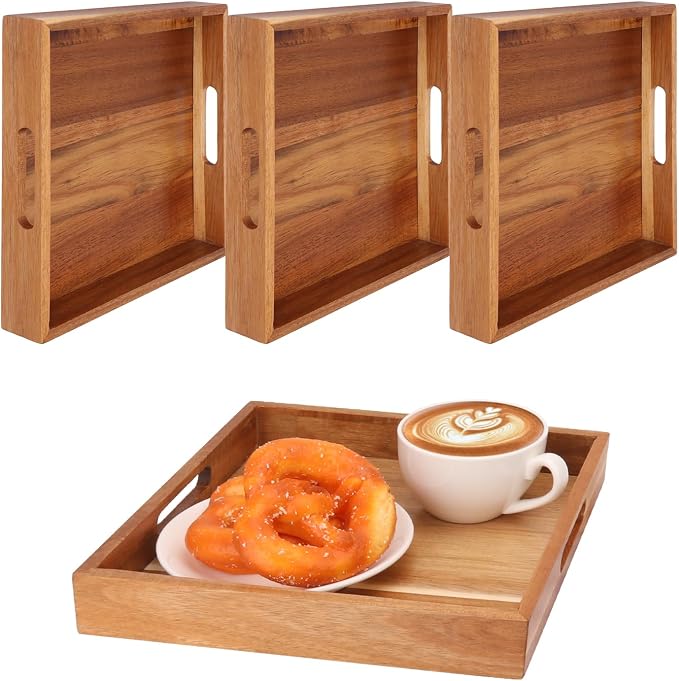4 PCS Acacia Wood Serving Tray with Handles - 10 Inch Square Wooden Tray with Handles, Ideal as Breakfast, Coffee Table, Decorative, Serving(1.75 Inch Thickness) by Geytetqi
