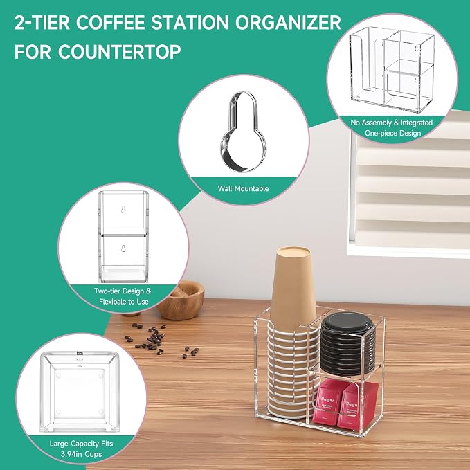 2-Tier Coffee Station Organizer for Countertop, 3 Compartments Clear Acrylic Cup and Lid Holder Tea Condiment Storage Upright Coffee Bar Organizer Pod Dispenser for Office Breakroom Home Kitchen - Image 4