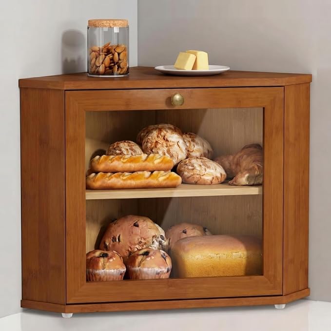 Goozii Walnut Brown Corner Bread Box for Kitchen Countertop, Double Layer Breadbox for Homemade Sourdough Bread, Dark Wooden Vintage Kitchen Counter Cabinet for Baked Goods, Tea, Coffee Beans by Goozii