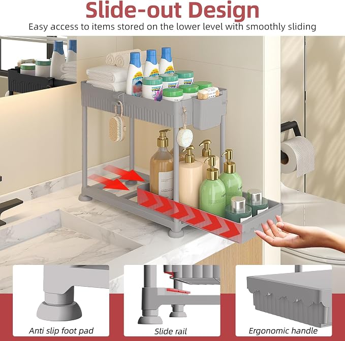 4-Pack 2-Tier Under Sink Organizer with Pull Out Drawers | Multi-use kitchen & bathroom storage. Includes hanging hooks and cups. Gray, space-saving cabinet design. 14.8 Inch - Image 5
