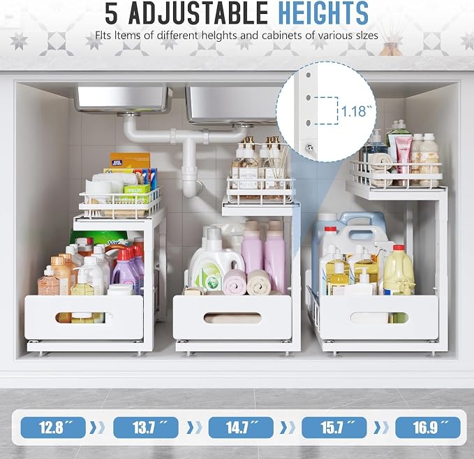 Under Sink Organizer Upgrade To Professional Rails,2-Tier Dual Pull Out Cabinet Storage,Height Adjustable Slide Out Drawers For Bathroom Kitchen,2 Pack-16.7"Dx12.8"-16.9"H,White - Image 6