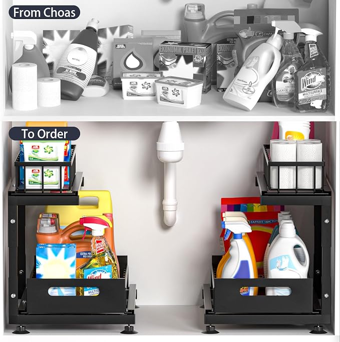 L-Shaped Under Sink Organizer, 2-Tier Pull-out Cabinet Rack 1-Pack | Black Height-Adjustable Metal Rack, Sliding Grid Drawers with Safety Stopper, Holds 100 Lbs, Ideal Kitchen Cabinet Storage - Image 2