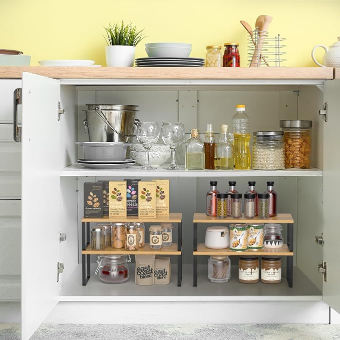 Set of 4 Kitchen Shelf Organizer for Cabinet, Large 15.7 in(L) Bamboo Counter Cupboard Organiser, Pantry Storage Rack for Bathroom, Kitchen, Laundry Room Expandable & Stackable - Image 4
