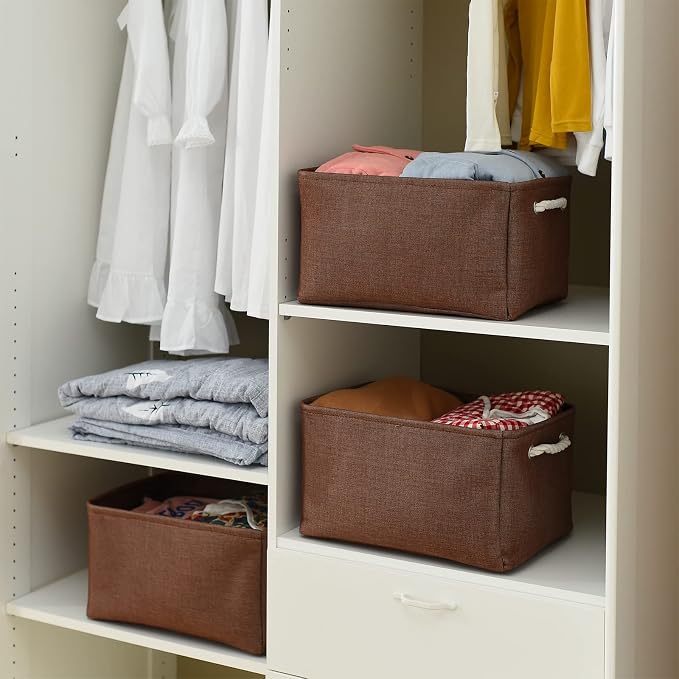 Decorative Basket Rectangular Fabric Storage Bin Organizer Basket with Handles for Clothes Storage (Brown,Large-3Pack,15.7L*11.8W*8.3H) - Image 4