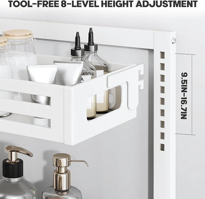 2 Pack 19IN-Depth Under Sink Organizer,Pull Out Cabinet Organizer With Smooth Cylindrical Rail,Metal Slide Out Drawer for Kitchen Bathroom Laundry,8-Level Tool Free Height Adjustable-White - Image 3