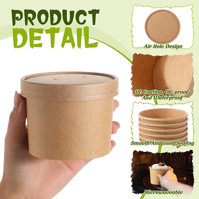 Fulmoon 100 Pack Paper Soup Containers with Lids Disposable Paper Food Containers with Vented Lid Kraft Ice Cream Cake Dessert Cups Soup Bowl for Party Hot Food Fruit Microwave(12 oz,Brown) - Image 3
