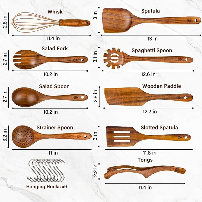 9 Pcs Teak Wooden Utensils Set, Wooden Cooking Utensil with Tong | Non-Toxic & Nonstick Safe Kitchen Utensil, Durable Comfort Grip， Heat Resistant Wood Cookware with Hooks - Image 6