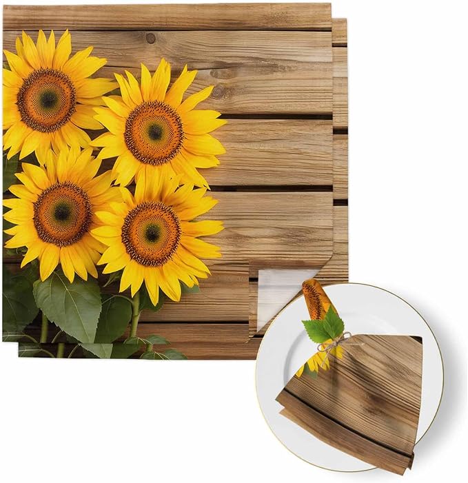 Pastoral Cloth Napkins Set of 2 Sunflowers Wood Grain Texture Rustic Vintage Soft Washable Square Dinner Napkins for Party Wedding Restaurant Hotel Cocktail 20x20 Inch by Unknown