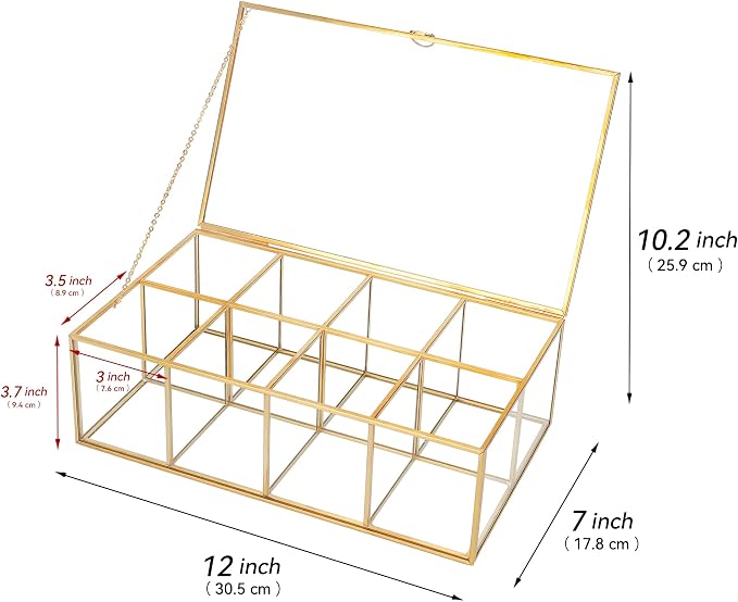 REDHUGO Glass Tea Bag Organizer, 8-Compartment Tea Storage Box, Gold | Handmade glass tea bag box with lid and 8 compartments, keeps tea bags tidy for counters, kitchens and tea stations - Image 3
