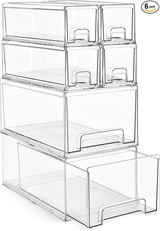 Sorbus 2 Large & 4 Small Clear Stackable Storage Drawers – Plastic Organizer Bins with Handles – Stackable Pull-Out Storage Drawers for Closet, Pantry, Office, Bathroom, Craft, and Toy Organization by Sorbus