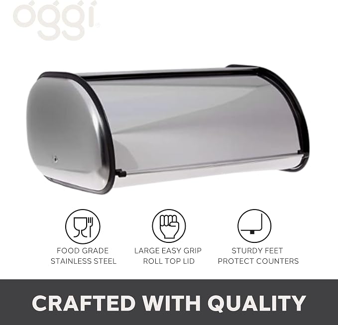 Oggi Stainless Steel Roll Top Bread Box for Kitchen Countertop with Stainless Steel Lid - Fits Multiple Large Loaves of Bread and Other Freshly Baked Goods Including Cookies, Bagels, Muffins - Image 5