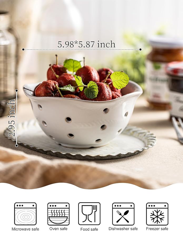 Gomakren Ceramic Berry Basket Set of 2, Elegant Fruit Basket Container 6 Inch, Fruit Bowl with Holes for Kitchen Counter, Berries, Strawberry, Grape, Cherry, Floral Shape - White - Image 2