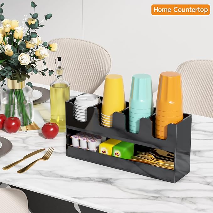 Beego 5-Compartment Cup Holder for Countertop - 2-Tier Black Acrylic Cup Dispenser Coffee Station Paper Cup and Lid Organizer Condiment Storage for Restaurant Breakroom Kitchen Bar Accessories - Image 2