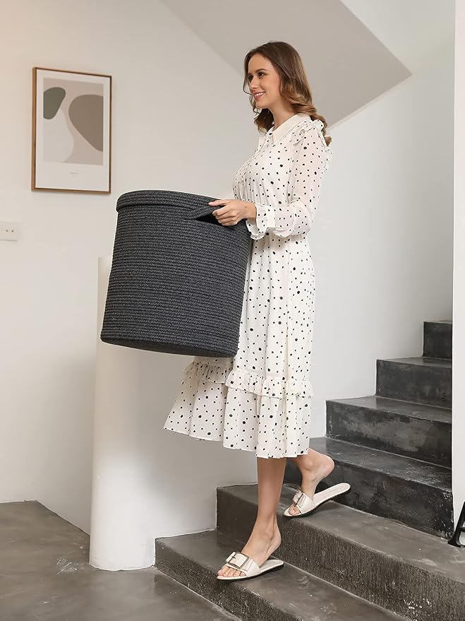 16x18 Inch Extra Large Round Cotton Rope Storage Basket with Lid, Decorative Woven Bin with Cover for Living Room Bedroom Closet, Grey & Black Mix - Image 2