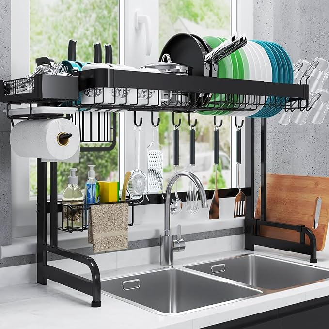LIVOD Over Sink Dish Drainer Drying Rack, 2 Tier Full Stainless Steel Storage Adjustable Length Kitchen Rack, Multifunctional Expandable Counter Organizer, Space Saver Dish Rack by LIVOD