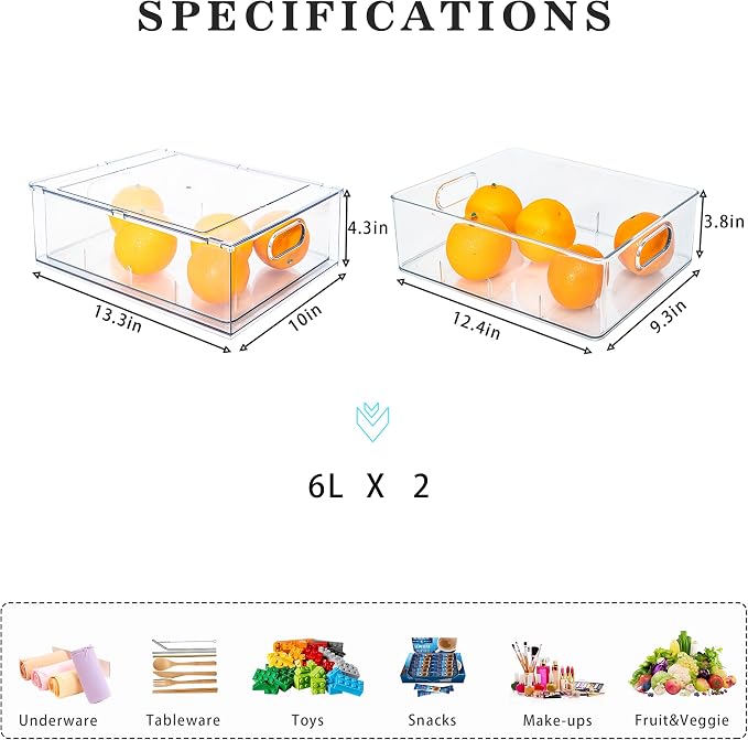 MANO 2Pack Clear Fridge Drawers Pull Out Stackable Refrigerator Drawer Organizer Bins Pantry Storage Box Plastic Food Containers for Kitchen Bathroom Office Closet (X-Large) - Image 3