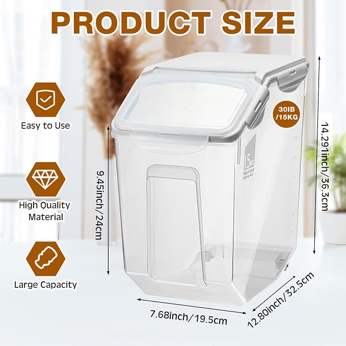 4 Pack Rice Storage Container With Wheels Plastic Airtight Lid Flour Container Bin for Dog Pet Cereal Grain Dry Food, 15 Liter / 30 lbs - Image 2