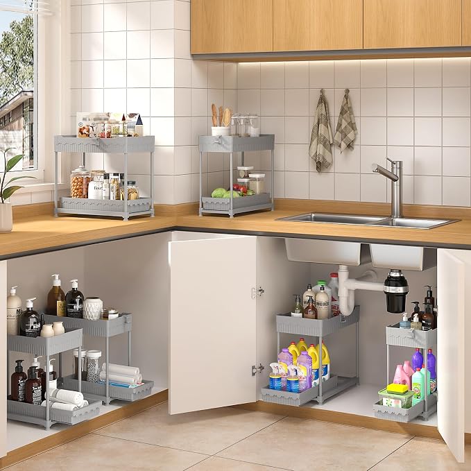 4-Pack 2-Tier Under Sink Organizer with Pull Out Drawers | Multi-use kitchen & bathroom storage. Includes hanging hooks and cups. Gray, space-saving cabinet design. 14.8 Inch - Image 3