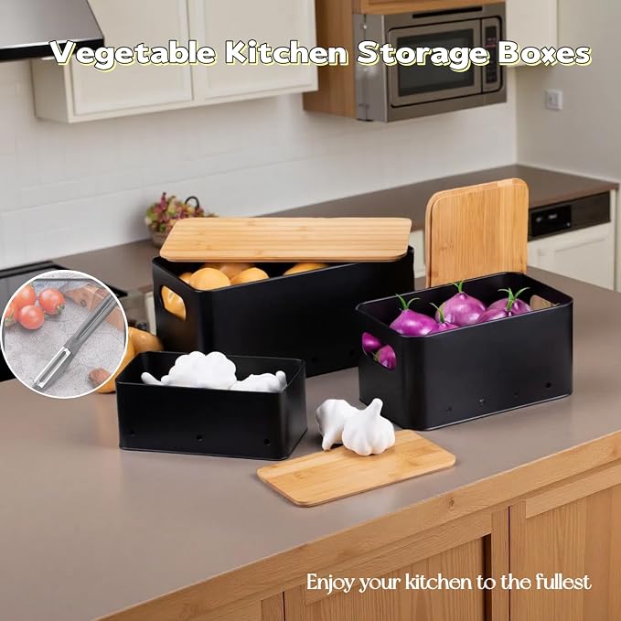 Modern kitchen storage container, stacked metal storage box, 3-piece set with wooden lid design, onion, garlic, potato metal cans, breathable storage box (Black) - Image 7