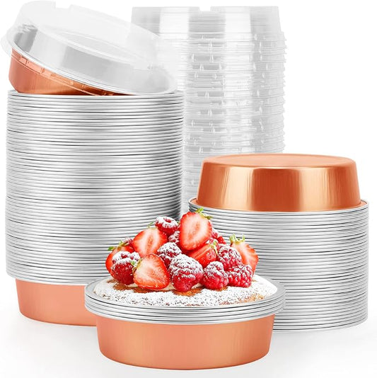 Beasea Mini Tart Pans, 8 Oz, 100 Pack, Rose Gold Aluminum Pie Pan Cartoon Tin Tart Pans, Round Oven Baking, 4 Inch by Beasea