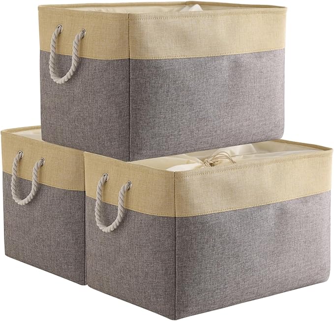 Storage Bins Baskets for Organizing - Extra Jumbo 3 Pack 20.5Lx15.7Wx13.8H Sturdy Fabric Storage Basket for Shelves, Decorative Foldable Closet Nursery Toy (Gold&Grey) by TheWarmHome