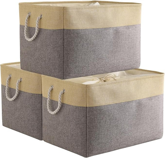 Storage Bins Baskets for Organizing - Extra Jumbo 3 Pack 20.5Lx15.7Wx13.8H Sturdy Fabric Storage Basket for Shelves, Decorative Foldable Closet Nursery Toy (Gold&Grey) by TheWarmHome