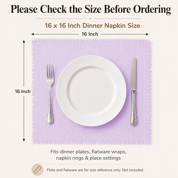 36 Pack Lavender Cloth Napkins, 16 x 16 Inch Cotton with Fringe Settings | Handmade washable reusable cotton dinner napkins in bulk for weddings, parties, rustic boho table settings - Image 2