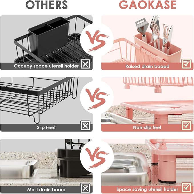 Dish Drying Rack, Stainless Steel-Dish Rack, Dish Racks for Kitchen Counter, Kitchen Dish Drainers with Removable Utensil Holder,New Drain Outlet,Plate Rack and Drainboard,(Pink-11 W x 15" L) - Image 4