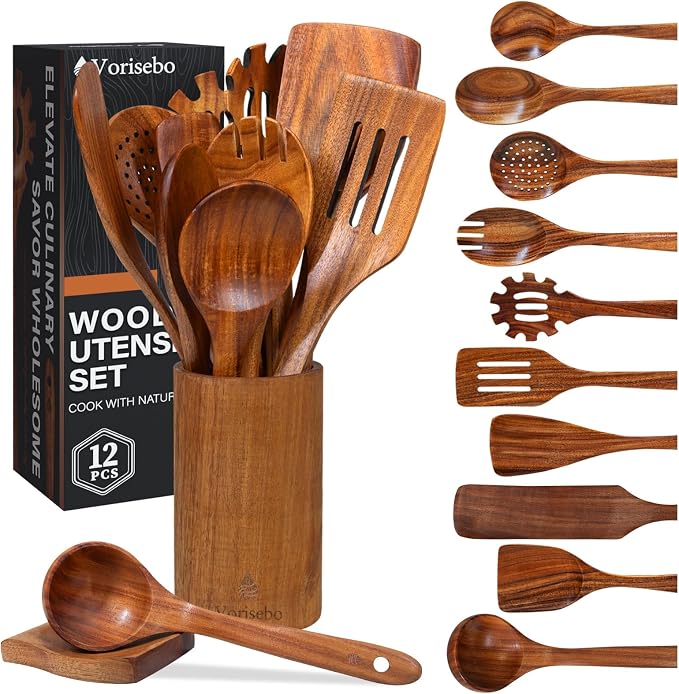 12 Pcs Teak Wooden Utensils Set, Wooden Spoons for Cooking | Non-Toxic & Nonstick Safe Kitchen Utensil, Durable Comfort Grip， Heat Resistant Wood Cookware with Holder and Spoon Rest by Vorisebo