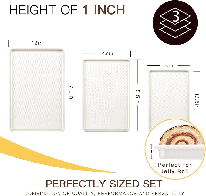 3 Pack Nonstick Ceramic Baking Sheet Pan Set for Oven, Non-Toxic Half/Quarter/Jelly Roll Pans with Diamond Texture, 0.8mm Aluminized Steel Cookie Trays for Cooking, Cream - Image 5