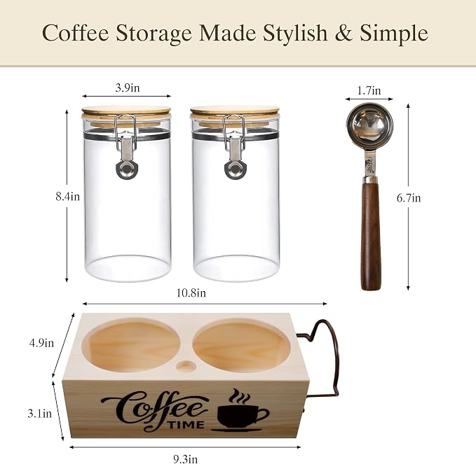 Glass Coffee Canister Set with Shelf & Spoon 2 Piece Coffee Containers for Coffee Bean Storage Airtight Seal, Coffee Bar Accessories Filter Holder for Kitchen Organization - Image 2