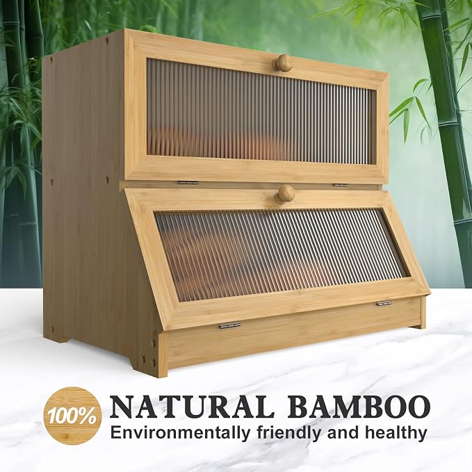 LOHASOK Bread Box for Kitchen Countertop, Wood Color | 2-layer, Bamboo, Large, Farmhouse Bread Container Holder Storage, Acrylic translucent window - Image 2