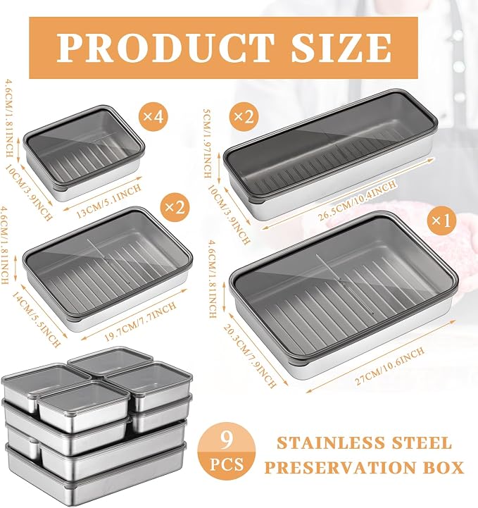 Hushee 9 Pack Bacon Cheese Container for Refrigerator, 304 Stainless Steel Airtight Deli Meat Container, Dishwasher Safe Fridge Storage Fruit Lunch Storage with Lids for Fridge, 4 Sizes - Image 2