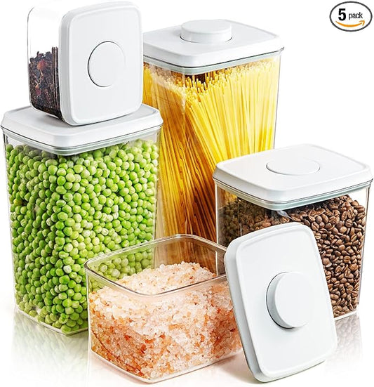 Airtight Pantry Storage Containers, 5 Pack, 0.6-3.5 Qt, Pop-Top | Clear Stackable Kitchen Canisters for Flour, Sugar, Cereal, Rice, Pasta, Coffee and Snacks with Visible Measurement Markings by Tourdeus