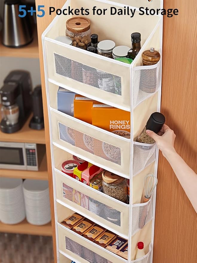 JARLINK Over the Door Organizer for Pantry, Bathroom, 5 Shelf Beige, 2 Pack | Anti-Tilt Design, 44 lb Load Capacity, Hanging Door Organizer with 5 Large Capacity Pockets, Behind Door Storage for Nursery - Image 4