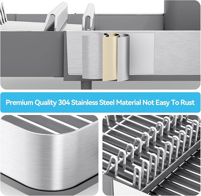 Urackify Stainless Steel Dish Drying Rack for Kitchen Counter,Grey | Extends to 20.67'',Expandable & Foldable,Rust-Resistant,Rotatable Drain Pipe & Utensil Holder,Dish Drainer For 2-4 People - Image 5