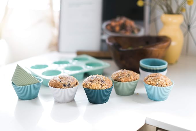 Reusable Silicone Baking Cups Gift Set Bundle, 24 Regular, 12 Jumbo, 24 Mini, Blue, Green, White - Image 2