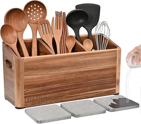 Wooden Cooking Utensil Holder & Crock for Kitchen Countertop | Fast-Absorbing Diatomaceous Mat, Removable Separator, Non-Slip Base & Side Handles, Large 3-Compartment Crock by Unknown