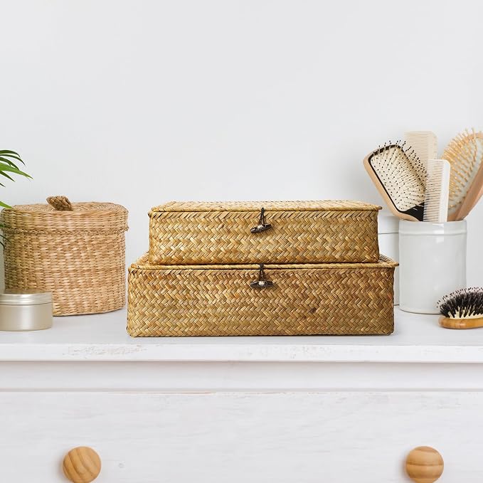 Didaey Set of 4 Seagrass Basket with Lid Wicker Storage Basket Decorative Storage Boxes with Lids Flat Storage Bins Woven Organizer Baskets for Shelf Closet Bedroom, 4 Sizes (Yellow) - Image 4