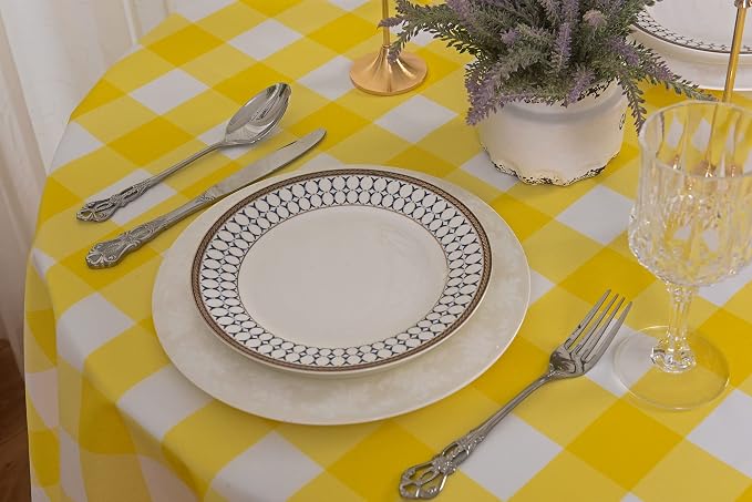 Cupuamon 2 Pack Waterproof Polyester Fabic Round Checkered Tablecloth，60 Outdoor Table Cloth，Oil Stain Prevention Table Cloth for Pinics and Parties（Yellow and White） - Image 4