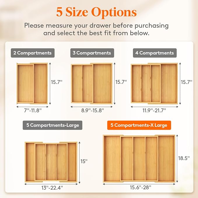 Lifewit Utensil Organizer for Kitchen Drawer, Expandable Cooking Utensil Tray, Cutlery Silverware Flatware Holder, Wood Adjustable Spatula Tools Storage Divider, 15.6-28 x 18.5, Natural - Image 2