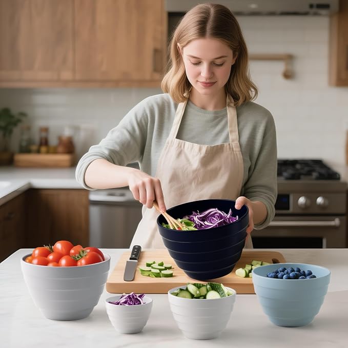 TP Mixing Bowls with Lids, 10-Piece Nesting Melamine Bowls Set for Prepping Serving Baking Cooking, Non Slip Bottom, Set of 5, Blue and White - Image 6